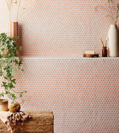 Copenhagen Penny Round Pink Mosaic Red and Pink Kitchen Tiles