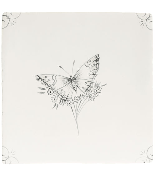 English Delft Butterfly 1 Charcoal Matt Tile Cream Wall Tiles