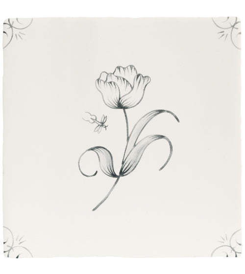 English Delft Tulip Charcoal Matt Tile Handmade Kitchen Tiles