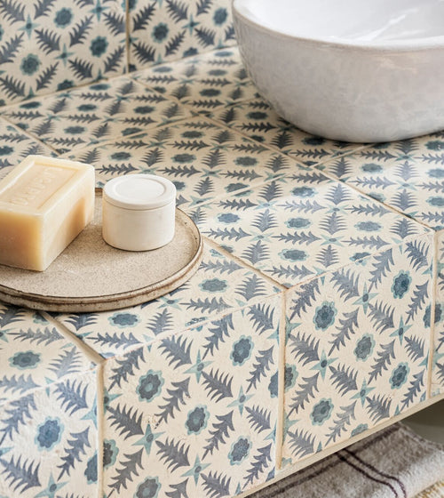 Neisha Crosland Atlas Pine Flower Indigo Moroccan Bathroom Tiles Neisha Crosland Atlas Pine Flower Indigo Moroccan Bathroom Tiles