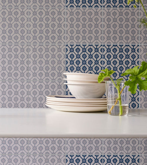 Designers Guild Jaal Sky Blue Patterned Bathroom Tiles