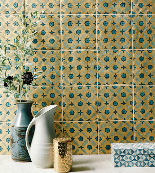 Neisha Crosland Atlas Pine Flower Nile Metallic Kitchen Tiles